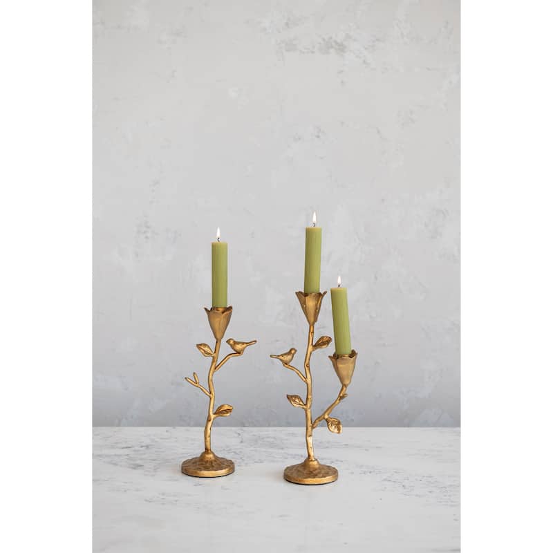 Hand-Forged Cast Iron Candelabra with Flowers and Bird - 4.5"L x 3.5"W x 10.6"H