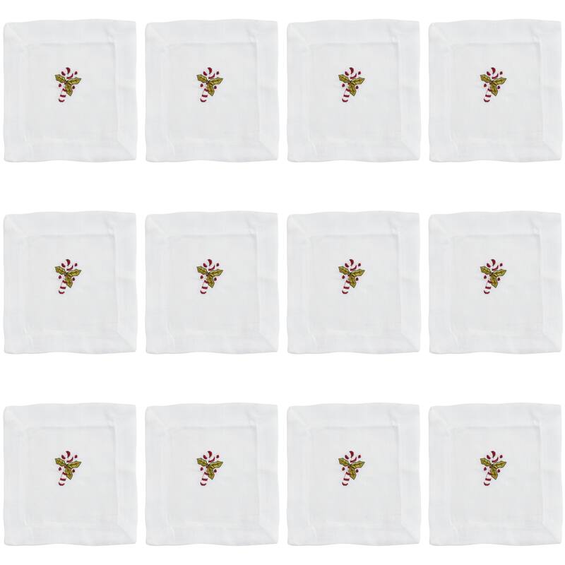 Embroidered Cocktail Napkins With Candy Cane Design (Set of 12) - 6"x6"