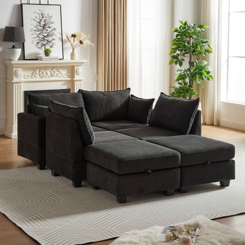 113.5'' Modern U-shaped Corduroy Modular Convertible Sectional Sofa with Storage Ottoman