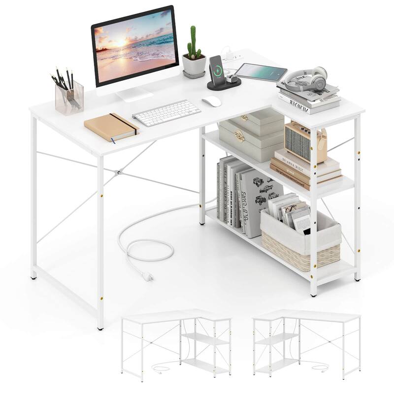 Costway L-Shaped Computer Desk with Power Outlets Adjustable shelf - White