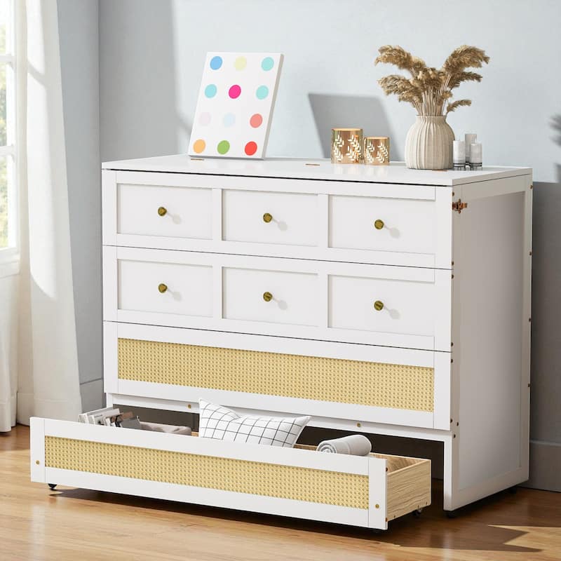 Full Size Murphy Bed with Large Storage Drawers, Space-Saving Foldable Wall Bed with Elegant Front Design