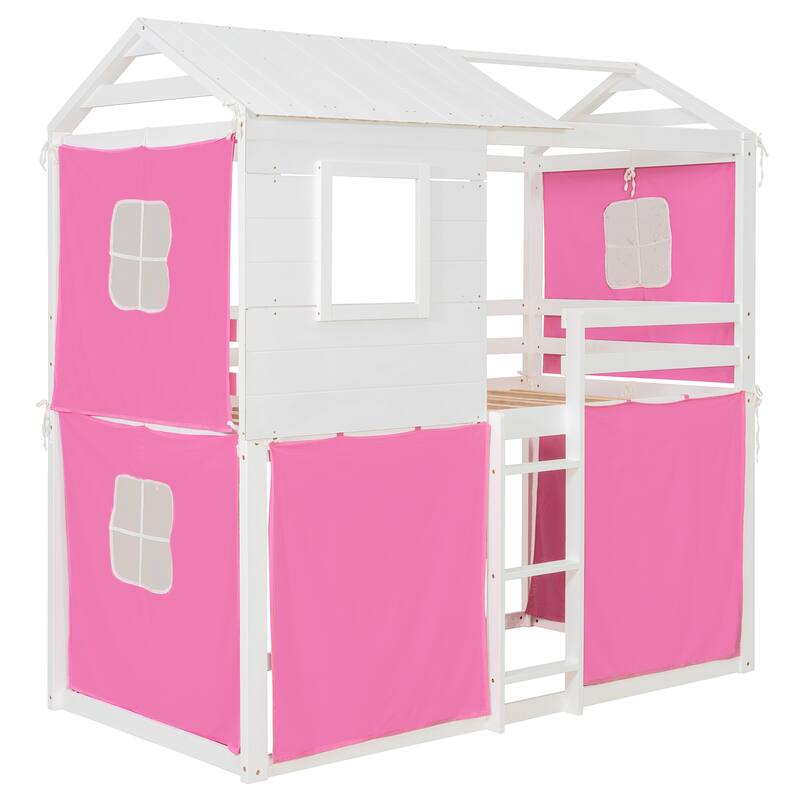 Twin Size Kids Playhouse Bunk Bed with Tent Wooden Frame and Sliding Window