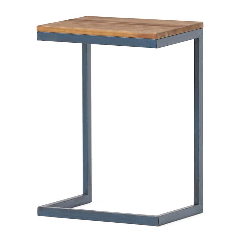 Roomfitters C-Shaped Side Table, Industrial End Table with Natural Wood Top and Blue Metal Frame for Sofa or Bedside, Natural