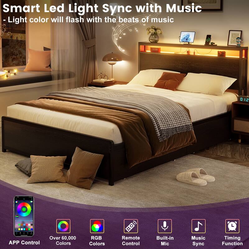 Platform Bed with Hiden Drawers, Bed Frame with Headboard and Charging Station