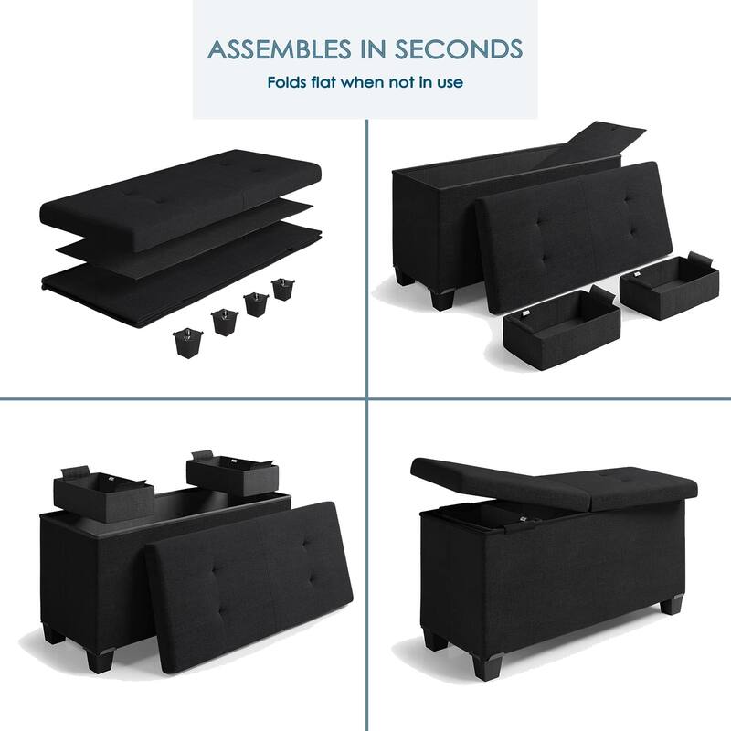 Folding Storage Ottoman Bench for Bedroom or Living Room Linen Fabric with Storage Bins,End of Bed Foot Rest, Holds Up To 660lbs