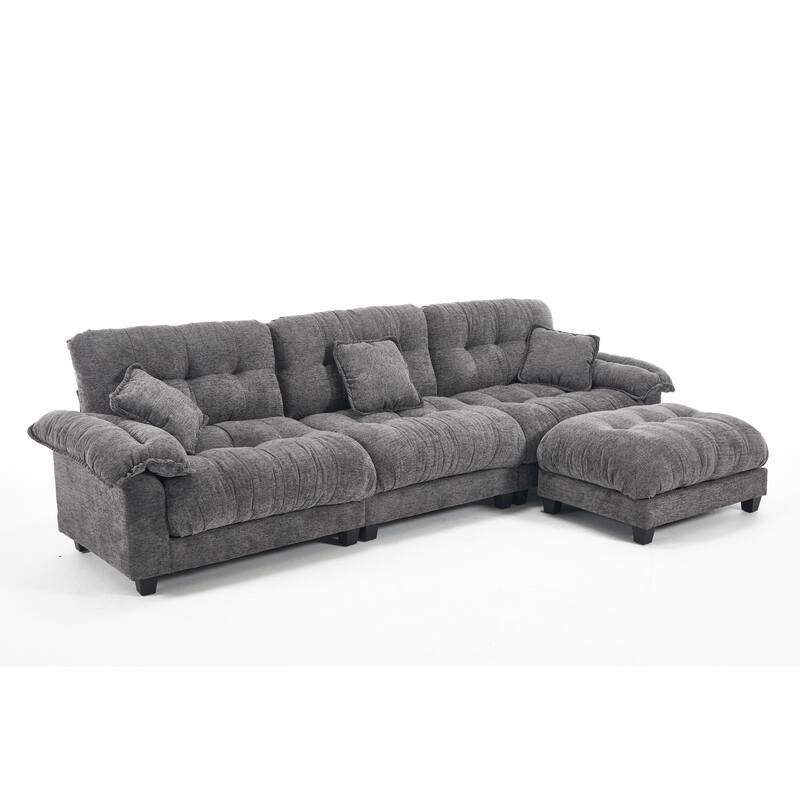 123.62" Modular Sofa L Shaped Chenille Sectional Sofa, 3 Seater Straight Row Sofa with Movable Ottoman for Living Room