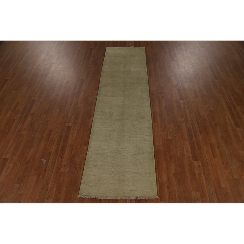 Muted Green & Gold Modern Gabbeh Runner Rug Handmade Wool Carpet - 2'7" x 9'6"