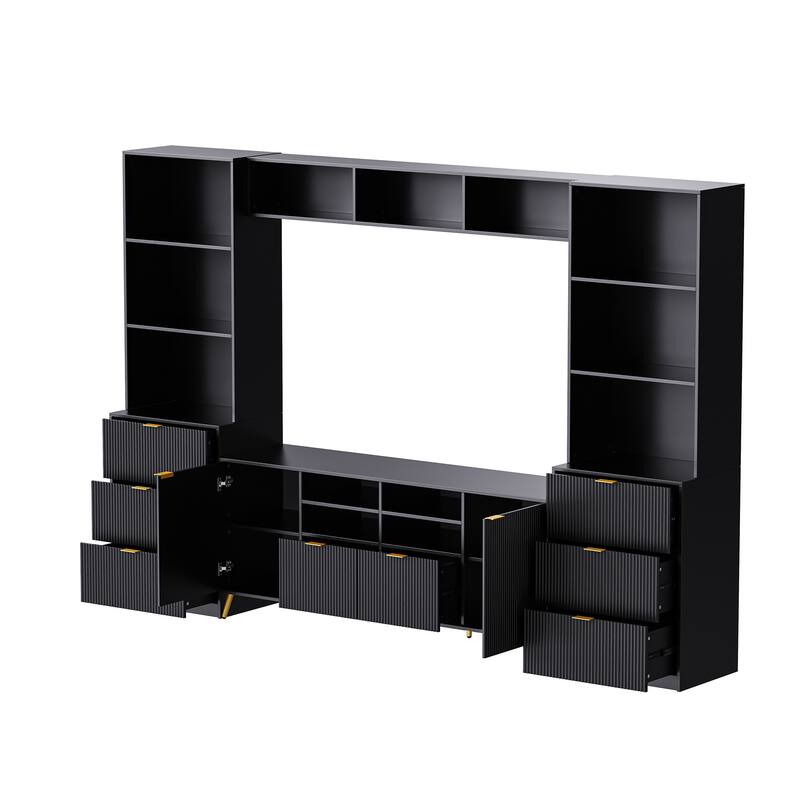 Multifunctional 4-Piece TV Wall Unit with 13 Shelves, 8 Drawers, & 2 Cabinets, Fluted Line Design, for Living Room