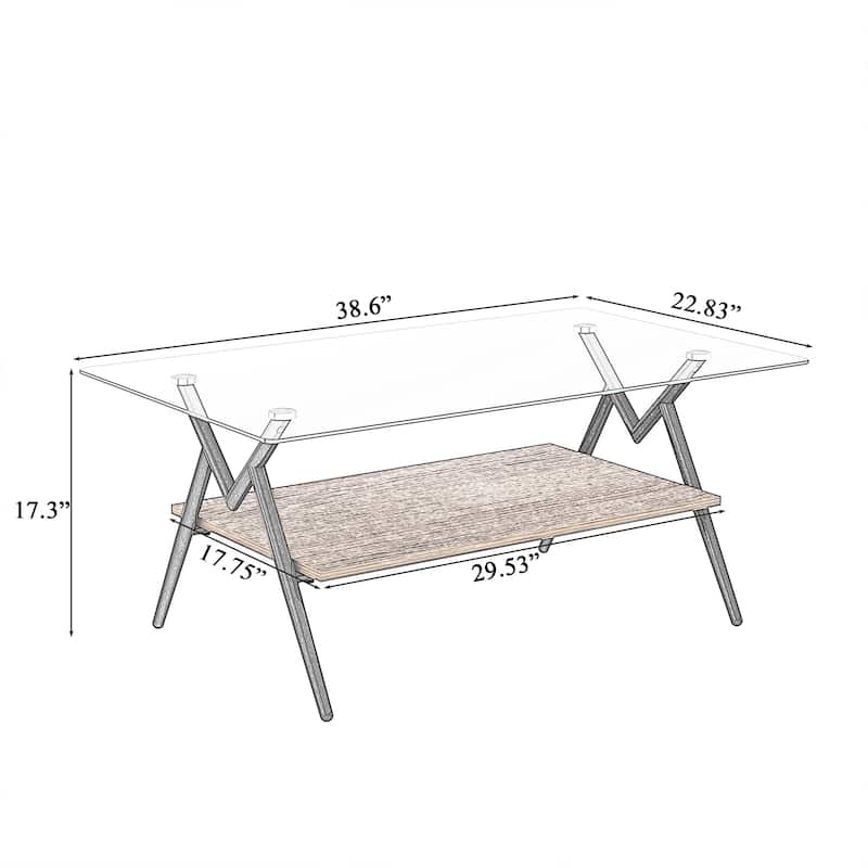 Rectangle Coffee Table with Tempered Glass top and Metal Legs, Modern Table for Living Room , Transparent Glass