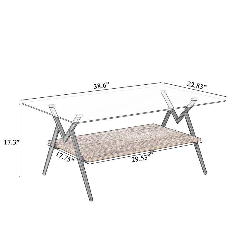 Rectangle Coffee Table with Tempered Glass top and White Metal Legs - N/A