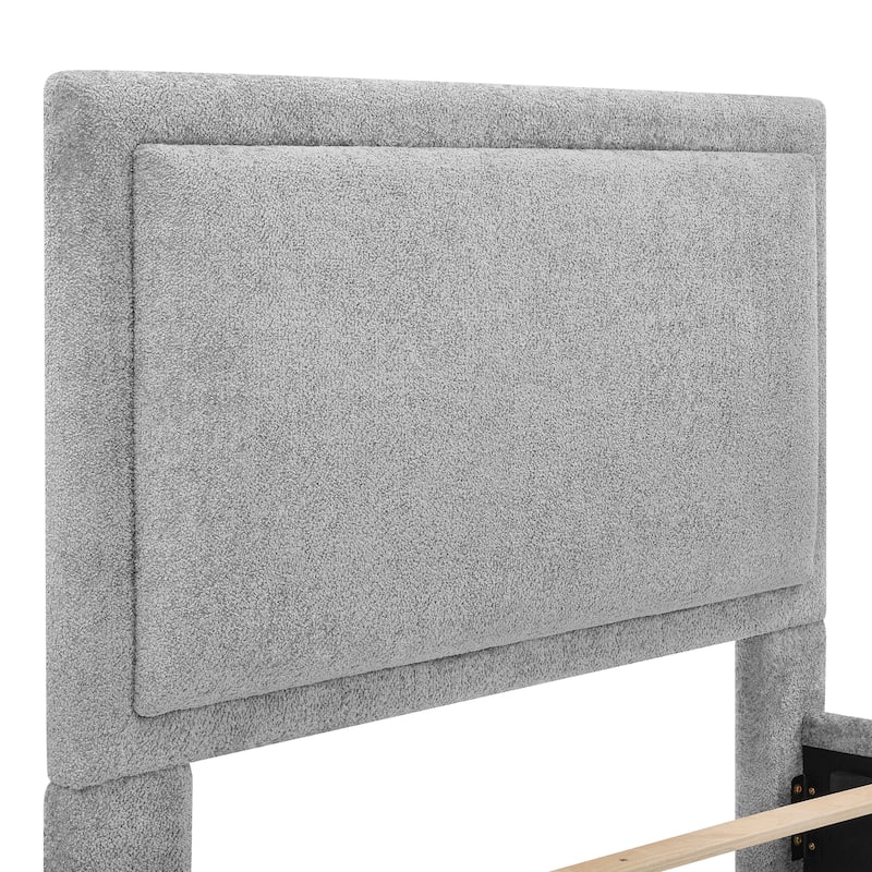 Queen Size Upholstered Bed Frame with Hidden Storage and High Padded Headboard in Pewter