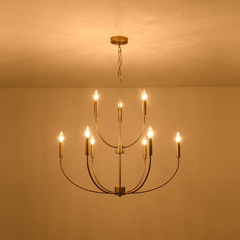 Modern 9-Light Brushed Brass Candlestick Tiered Chandelier