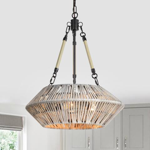 Black Steel and Antique Silver Bamboo 3-Light Drum Chandelier