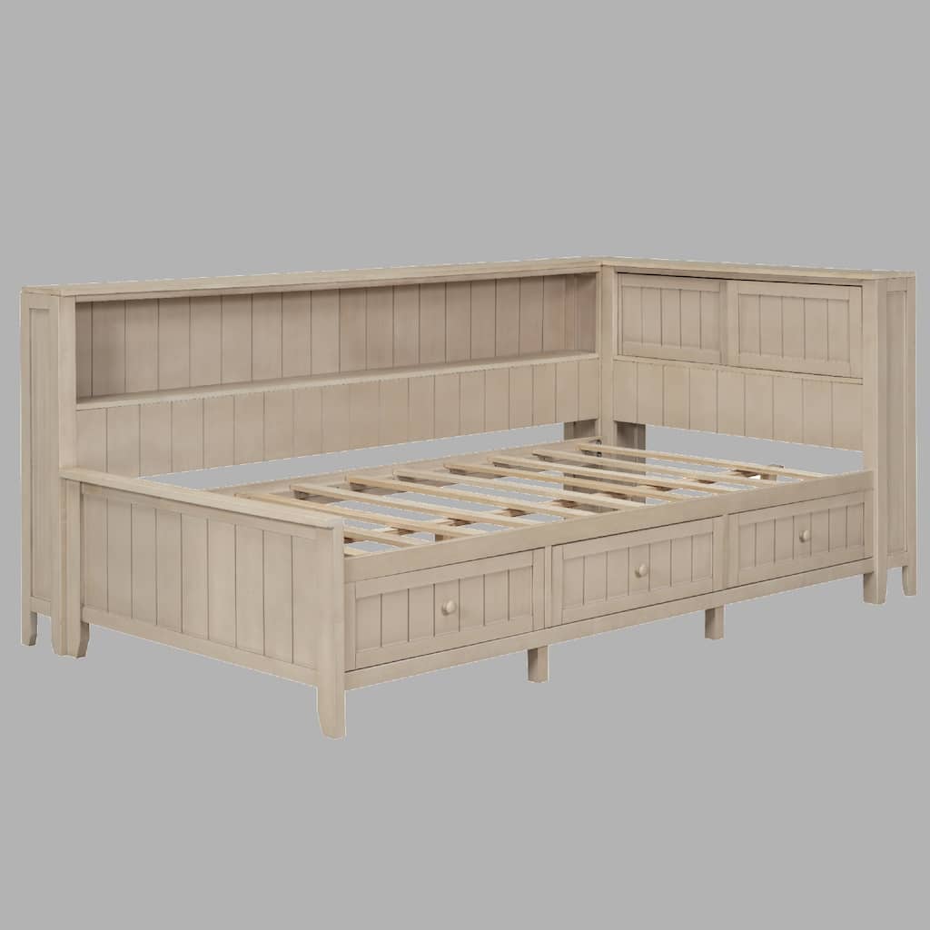 Wood Daybed with Storage Shelves & 3 Drawers - Twin/Full Size, Antique White Finish, Farmhouse Look