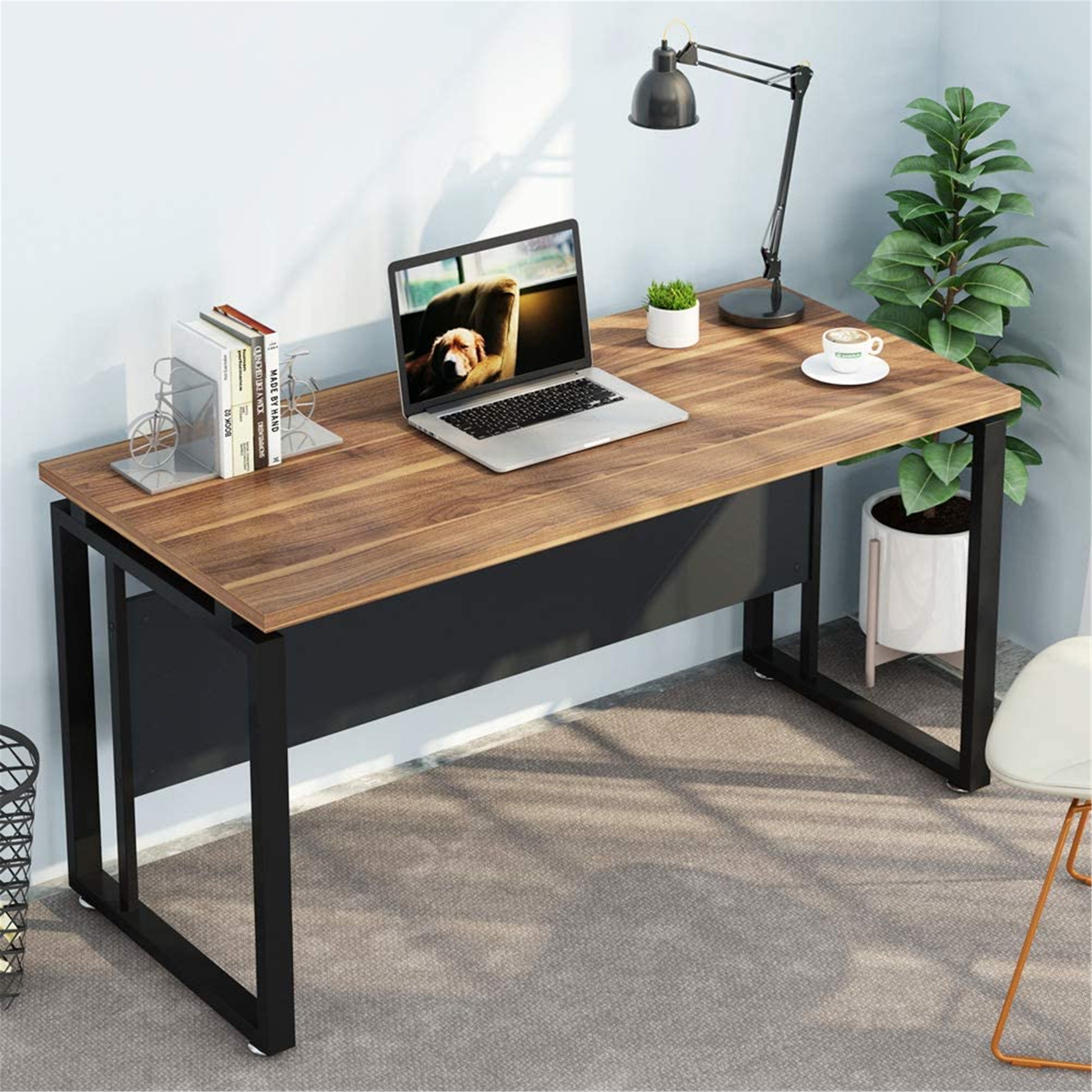 Computer Desk 55 Inches Desk with Front Panel Dark Walnut Bed