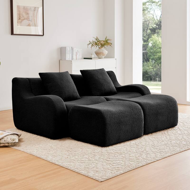 Anmytek Plush Boneless Teddy Fabric Chaise Lounge Sofa - Ergonomic Curved Armrests - Black