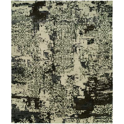 Modern Black Hand-Knotted Wool & Viscose Area Rug