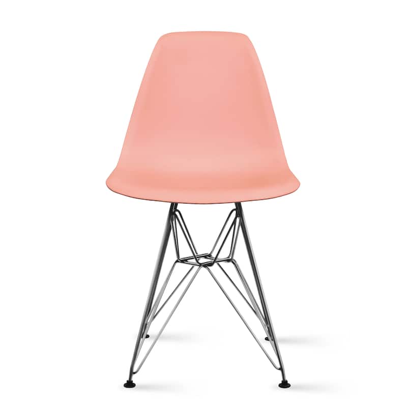 Designer Plastic Chairs Chrome Silver Wire Legs Retro Dining Accent Molded Shell Desk Office Work Chrome Base Kitchen - Coral Pink