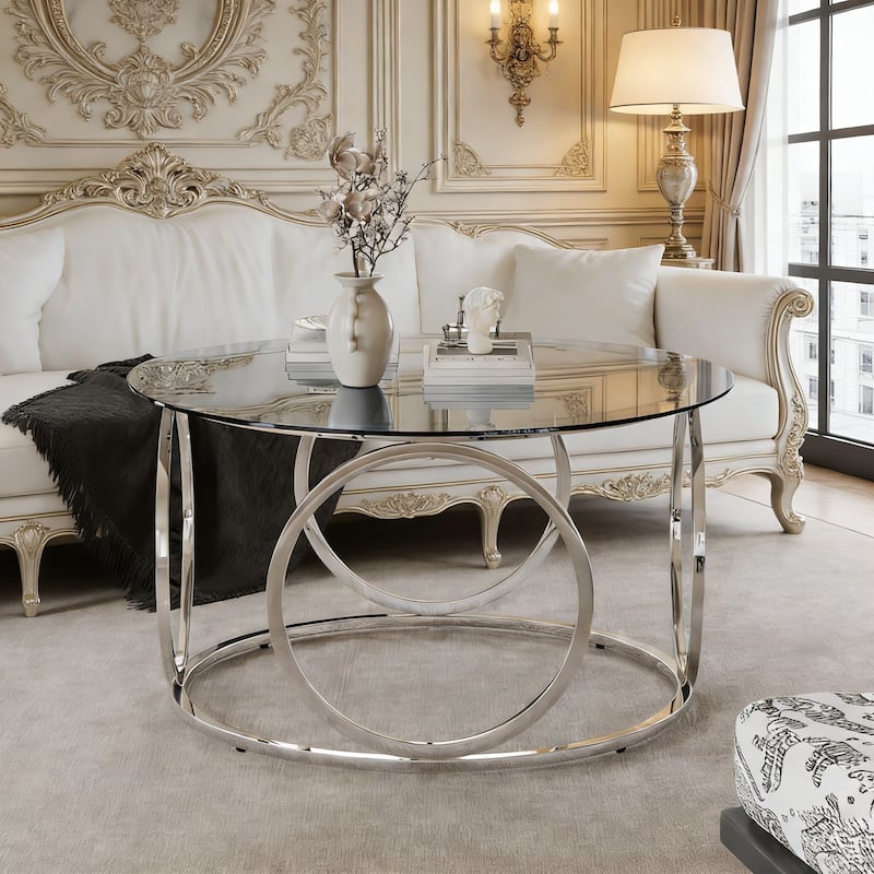31.5" Modern Round Glass Top Coffee Table with Circular Metal Frame - Gray+Chrome