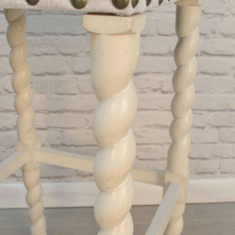 30" White and Ivory Nailhead Trimmed Bar Stool with Barley Twist Legs
