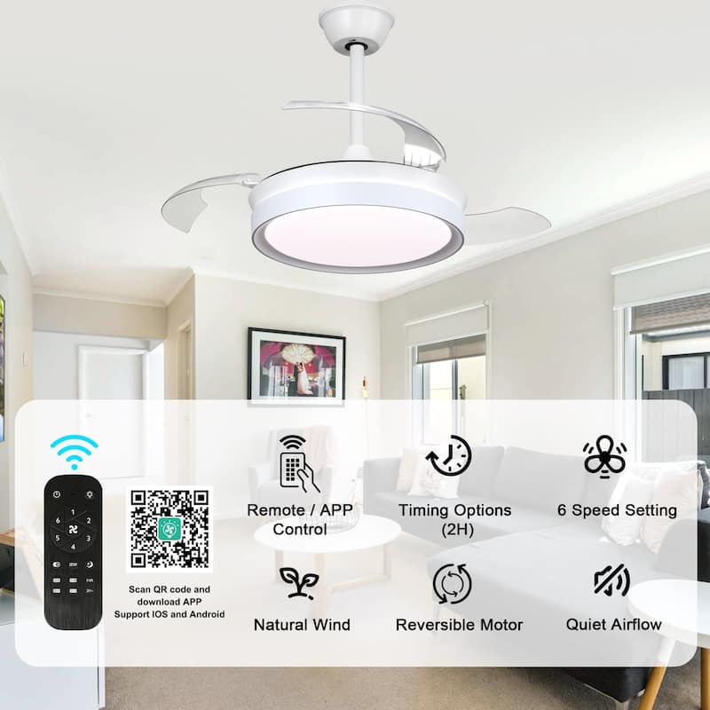 Bella Depot 36" Modern Retractable Ceiling Fan with Dimmable Led Light and Remote, 6-Speed Reversible DC Motor