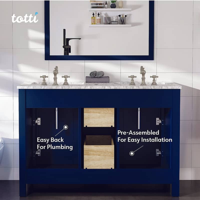 Totti Artemis 48" Blue Transitional Double Sink Bathroom Vanity w White Carrara Style Man-Made Stone Top - 48