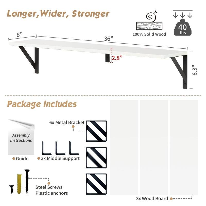 Floating Book Shelves for Wall - 36"D x 8"W x 6.3"H