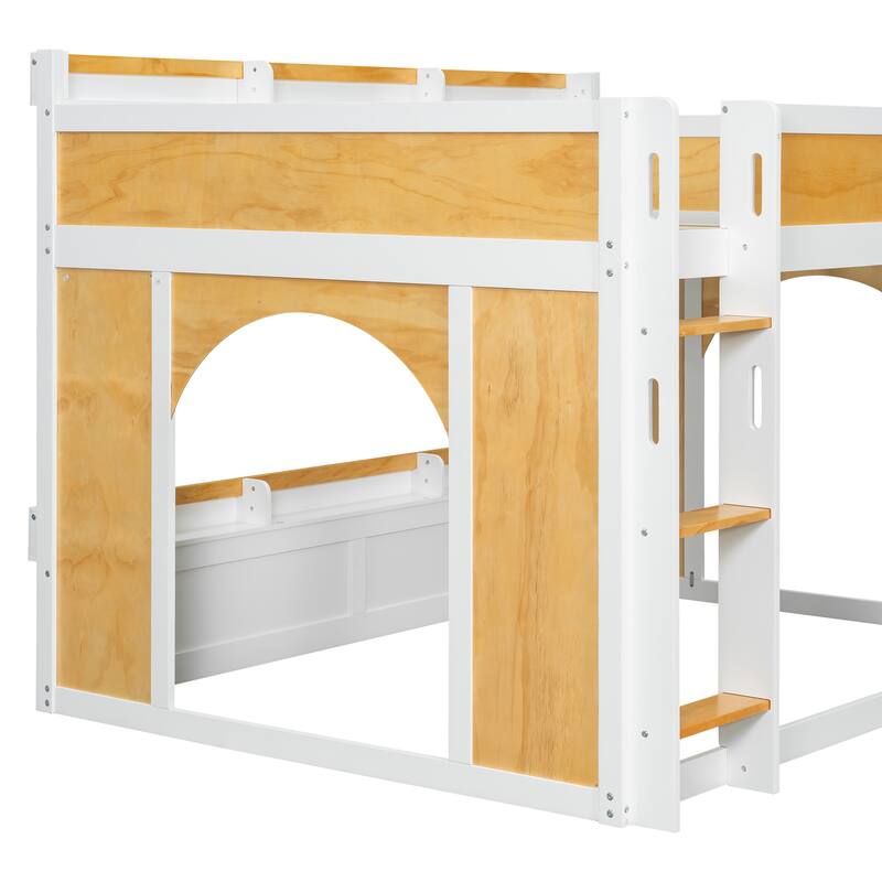 GDFStudio - Wood Bunk Bed with Storage Shelves, Window and Dual Doors