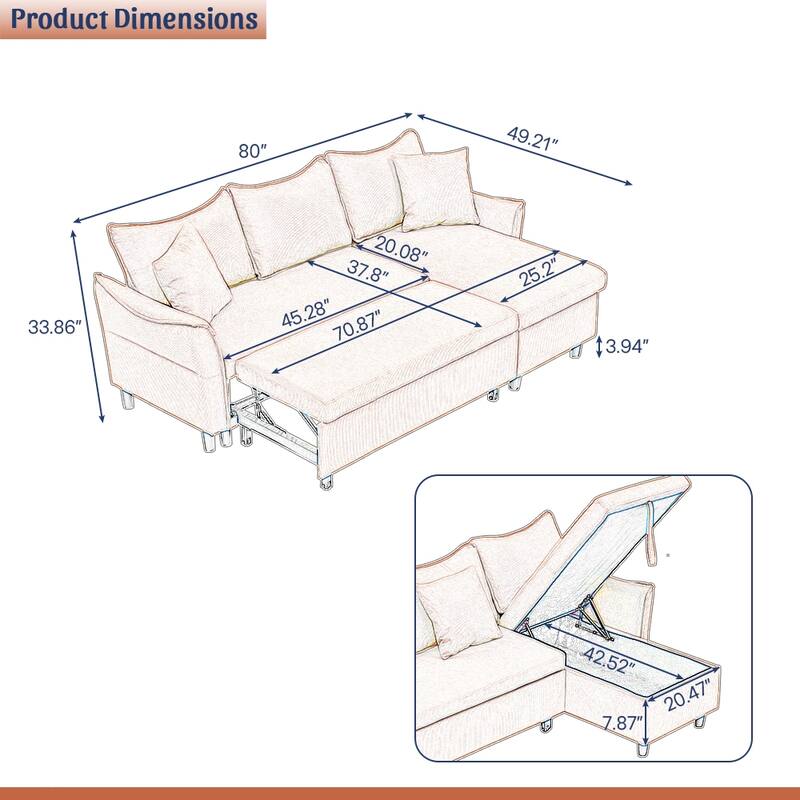 80-inch Gray Corduroy L-Shape Convertible Sofa Bed, Storage, 2 Pillows