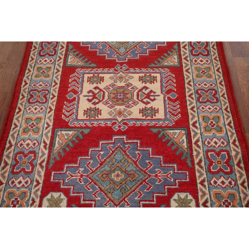 Geometric Red Kazak Accent Rug Handmade Red Wool Carpet - 2'9" x 4'1"
