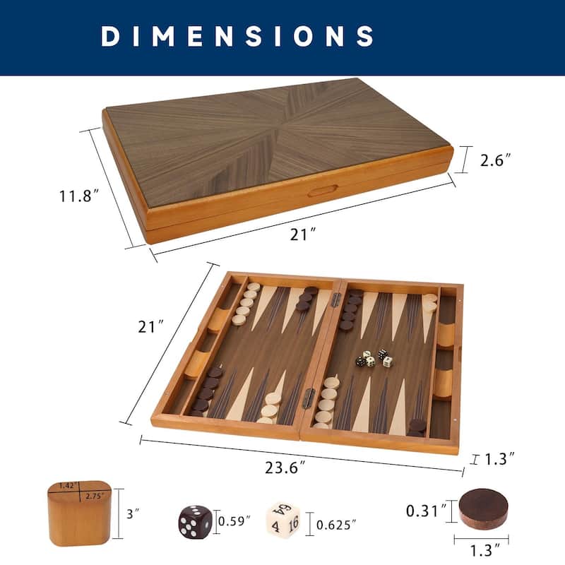 GSE™ 21" Premium Wooden Inlay Backgammon Board Game Set, Portable Folding Backgammon Board Game with Game Pieces - 21-Inch
