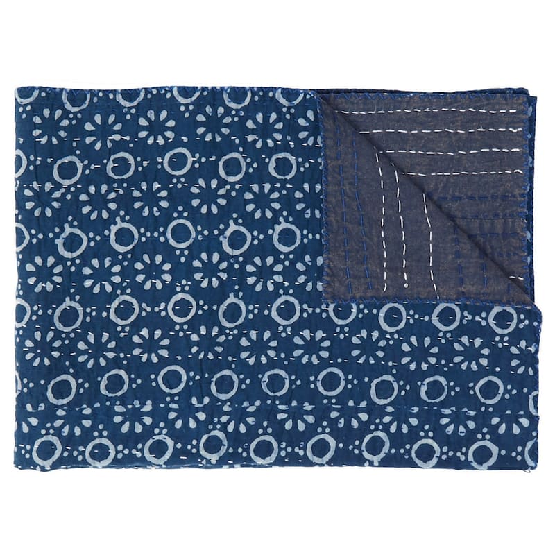 HomeRoots 50" X 70" Blue And Off White Geometric Cotton Quilted Kantha Throw Blanket with Embroidery
