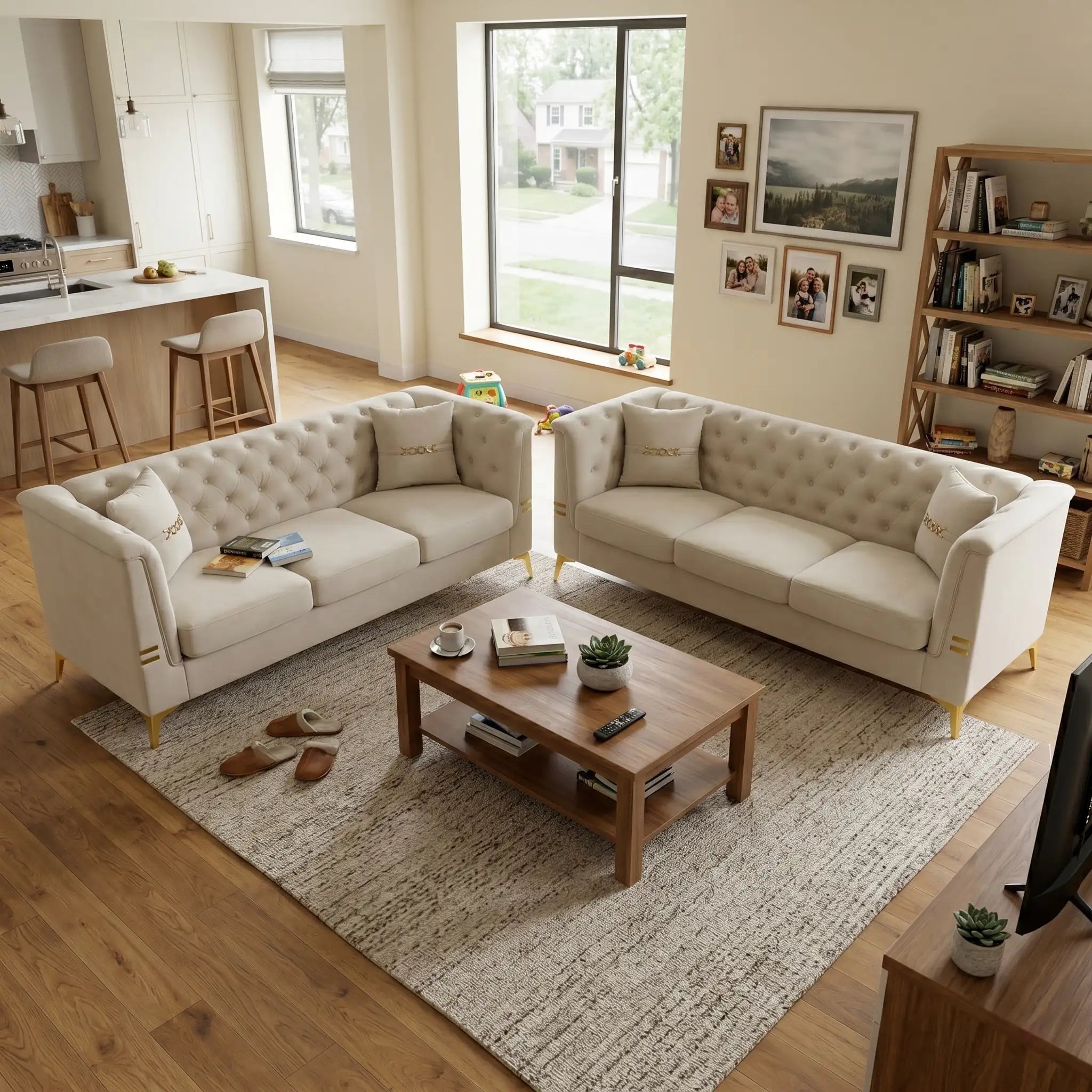 2-Piece Modern 3-Seater Chenille Sofa Set with Gold-Tone Metal Legs C