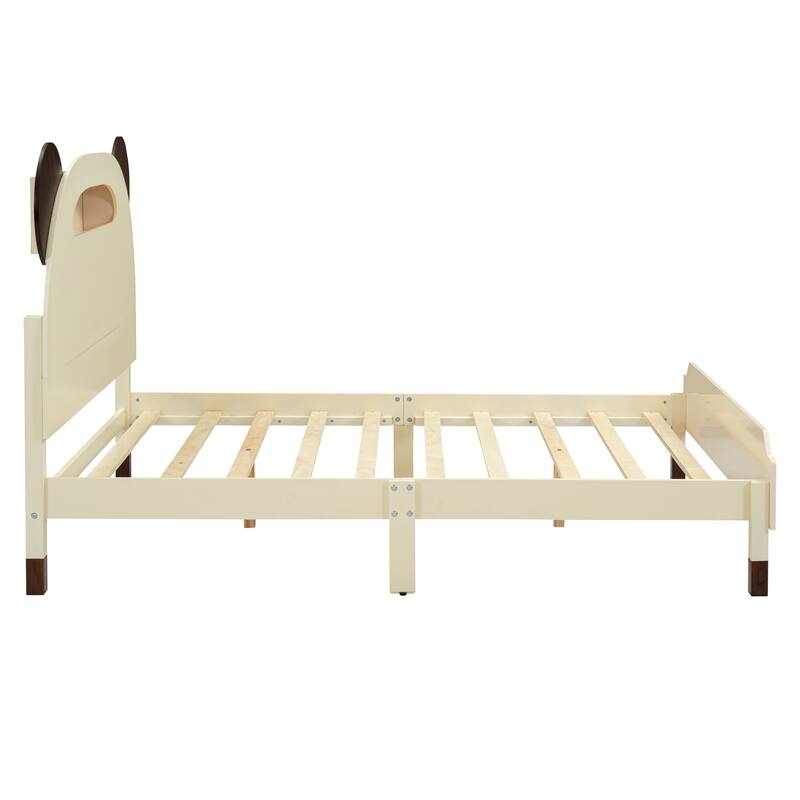 Full Size Wood Platform Bed with Bearshaped Headboard,Bed with Motion