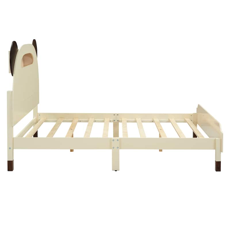 Full Size Wood Platform Bed with Bear-shaped Headboard Bed Frame