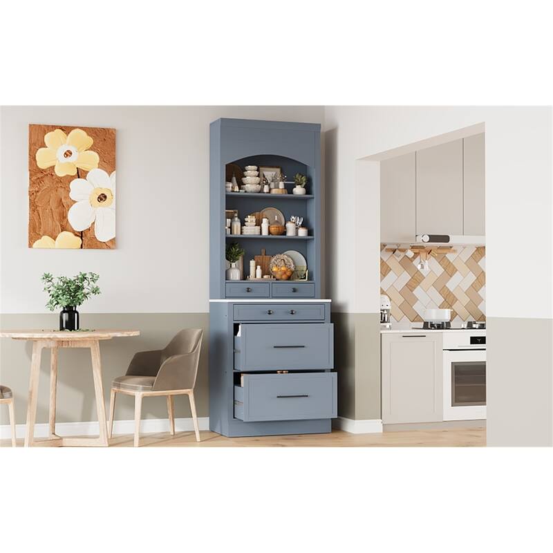 Freestanding Tall Kitchen Cabinet with 5 Storage Drawers and Adjustable Shelf - Grey