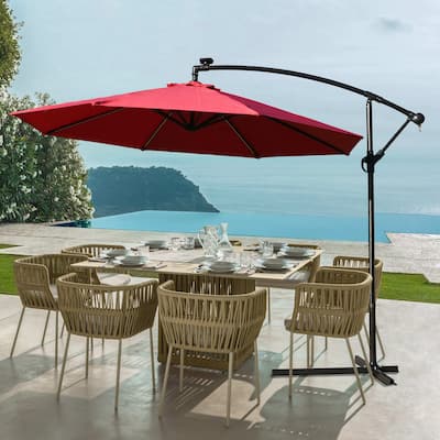 DAVEE 9.5 Ft Offset Cantilever Hanging Patio Umbrella with Solar LED Light- RED