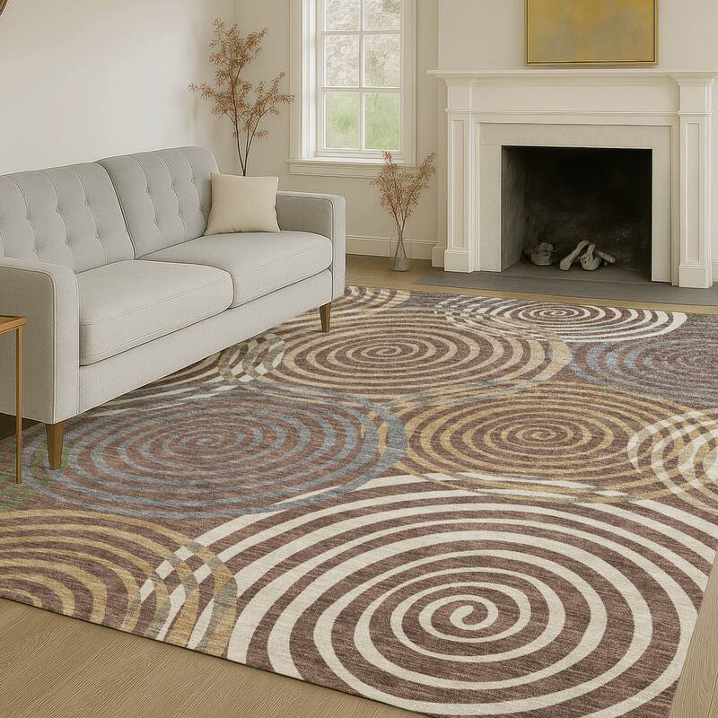 Machine Washable Indoor/ Outdoor Contemporary Swirls Chantille Rug