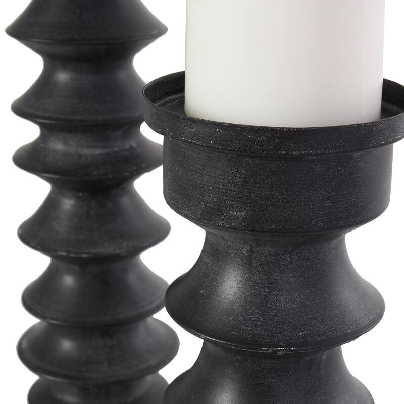 Black Metal Turned Style Candle Holder with Brown Wood Bases (Set of 2)