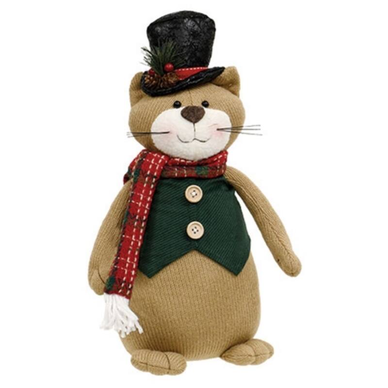 Light Brown Plush Cat Figurine Standing Holiday Decoration with Christmas Scarf and Hat - 15" H x 7" W x 9" D