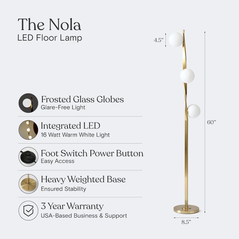 Brightech Nola 60 in. Antique Brass Industrial 3-Light 3-Way Dimming LED Floor Lamp with 3 Frosted White Glass Globe Shades