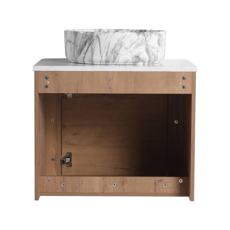 24'' Wall-Mounted Bathroom Vanity With Ceramic Art Sink & 1-Soft-Close Door,KD-Packing, Plywood