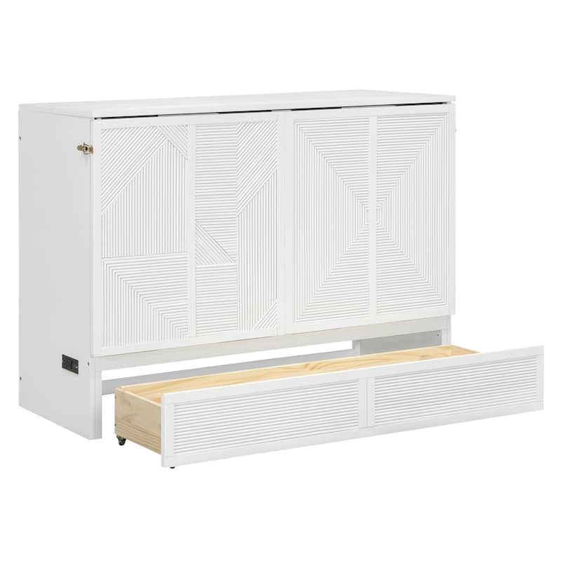Full Size Murphy Bed with Large Drawer,USB Ports and Outlets,White
