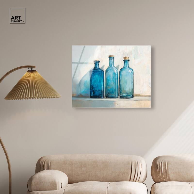 Three Blue Bottles Acrylic by Art Remedy, Ready to Hang