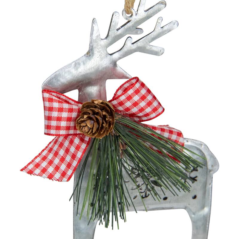 6.25" Silver Metal Reindeer Christmas Ornament with a Gingham Bowtie and Pine
