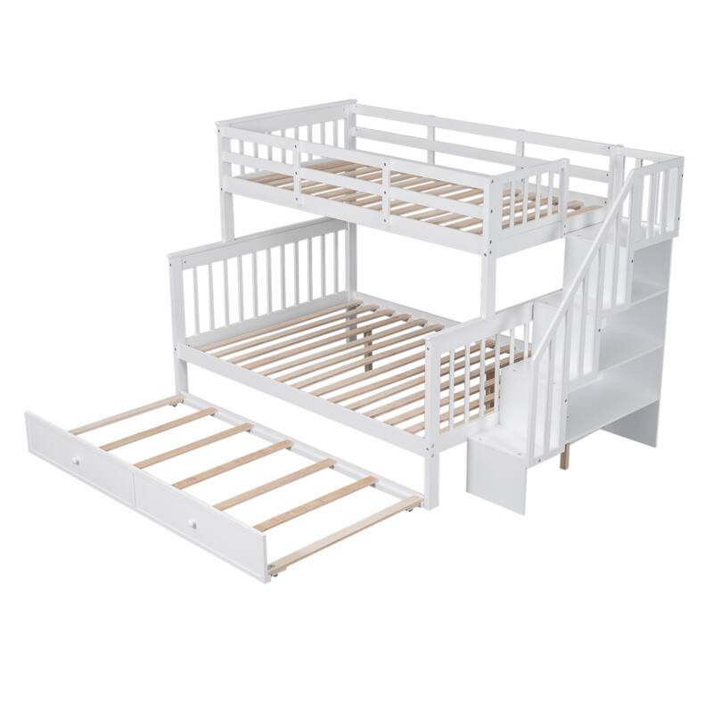 Twin Over Full Solid Wood Bunk Bed with Twin size Trundle, Storage and Guard Rail