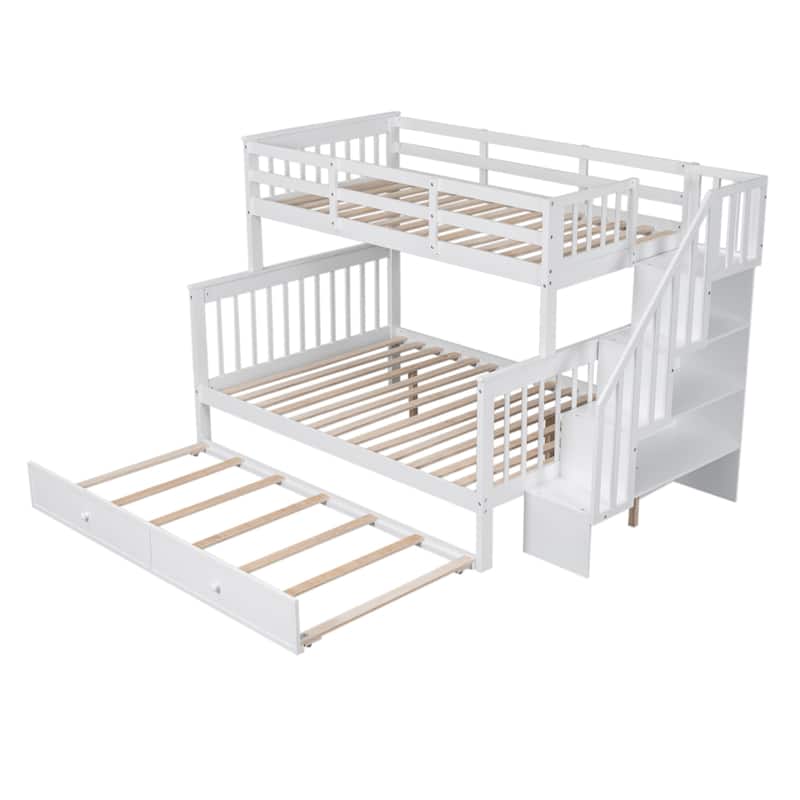 Twin-over-Full Bunk Bed Wood Frame Bed with Twin Size Trundle Bed and Storage Stairway, Full-Length Guardrail Bed for Kids Teens