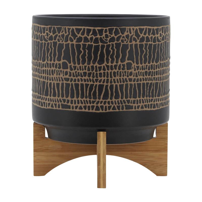 Sagebrook Home Modern Neutral Ceramic Planter Pot with Natural Wood Stand