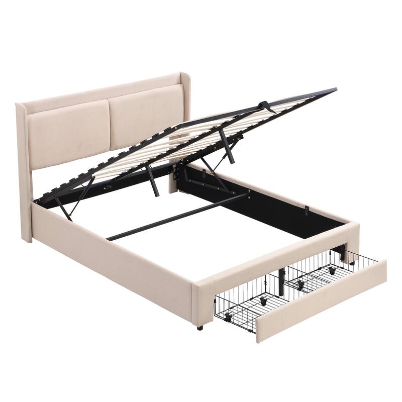 Queen Size Lift Up Platform Bed with Hydraulic Storage Frame and 2