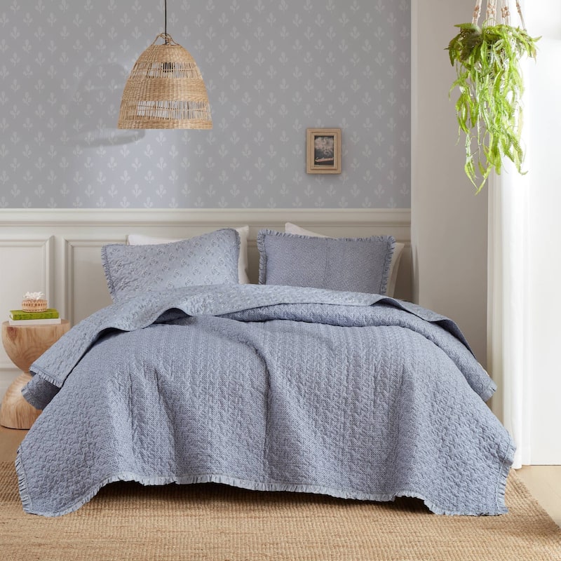 Madison ParK Linwood 3 Piece Ruffle Printed Quilt Set - Blue - Queen